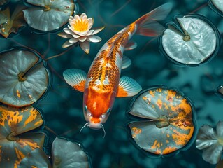 Canvas Print - Vibrant Koi Fish Swimming in Serene Lily Pad Pond with Reflections