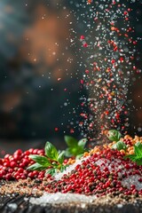 Wall Mural - Salt and pepper seasoning on wooden table with blurred background, copy space for text