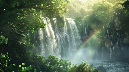 Large powerful waterfall is surrounded by lush green forests with soft sunlight