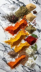 Poster - A close-up view of various spices, including turmeric, coriander, and paprika, scattered on a white marble surface. Generative AI