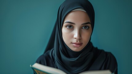 A woman wearing a hijab is deeply engrossed in reading a holy book, conveying a sense of peace and devotion.