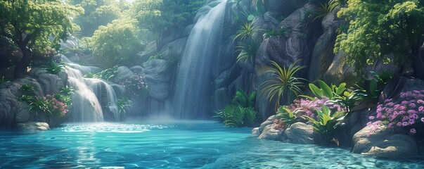 Wall Mural - Tropical island paradise with a hidden waterfall cascading into a turquoise lagoon, 4K hyperrealistic photo