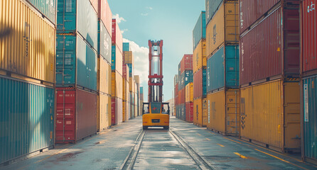 Poster - A forklift is lifting colorful shipping containers from one side of the dock to another, surrounded by stacked containers in various colors and sizes