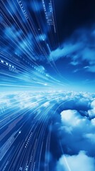 Poster - An abstract digital art background featuring a blue sky with clouds and glowing white lines that evoke the feeling of technology.