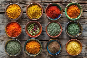 Aufkleber - A top-down view of various spices in ceramic bowls on a wooden table. The spices include turmeric, paprika, cumin, and coriander. Generative AI