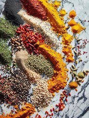 Aufkleber - A close-up photo of an assortment of dried spices, such as turmeric, coriander, and paprika, spread out on a white marble countertop. Generative AI