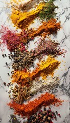 Poster - A close-up photo of various spices, including turmeric, coriander, paprika, and peppercorns, scattered on a white surface. Generative AI