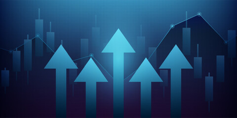 Wall Mural - business financial graph with up arrows and trend line in stock market on blue color background