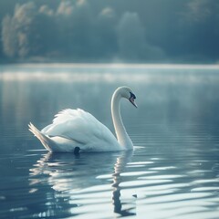 Sticker - Serene Swan Gliding on Tranquil Lake Graceful Wildlife Portrait Capturing Peaceful Atmosphere