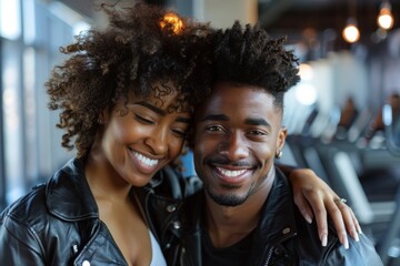 Wall Mural - Portrait of a joyful afro-american couple in their 20s sporting a classic leather jacket isolated on dynamic fitness gym background