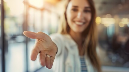 Wall Mural - bussines woman smiling look at camera invite you to shake hands suitable for business and partnership Concepts