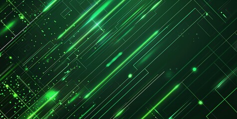 Wall Mural - Green abstract background with glowing lines and dots