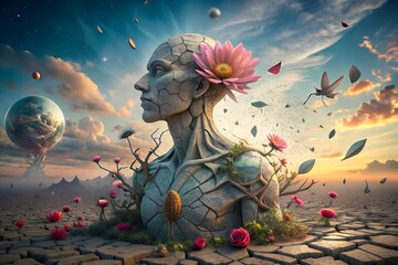 Life and freedom and hope concept , Imagination of surreal scene flower with broken human sculpture, digital artwork illustration