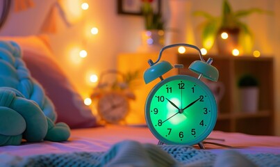 Close up of night  clock standing on white table near bed.  Alarm clock in cozy modern light bedroom. Morning concept. Sleep hygiene. Spring time.