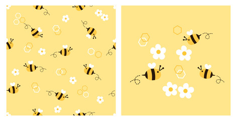 Canvas Print - Seamless pattern with bee cartoons, cute flower and beehive sign on yellow background. Bee cartoons and cute flower vector.