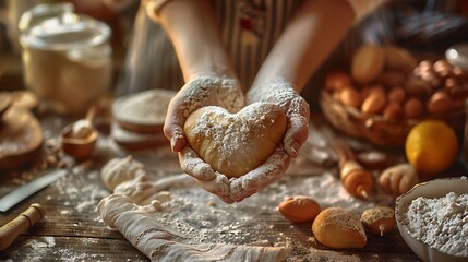 Hands holding heart-shaped dough in cozy baking scene with ingredients