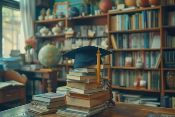 Stacked books table graduation cap