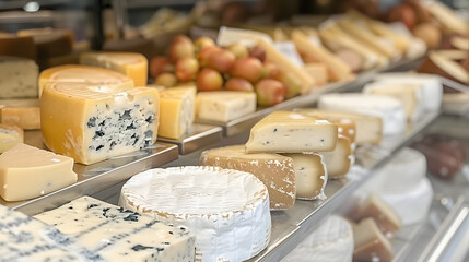 Wall Mural - Assorted cheeses like parmesan camembert cheddar mozzarella and brie in store. Concept Cheese Variety, Specialty Cheeses, Gourmet Products, Delicatessen Items