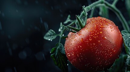 Sticker - Red juicy tomato with green foliage against a dark backdrop adorned with glistening water droplets