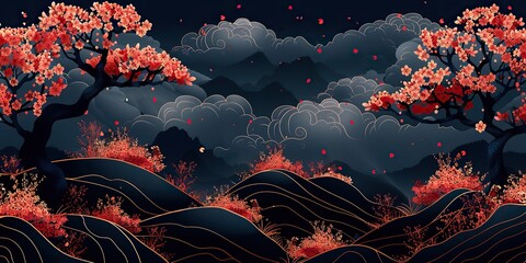 Sticker - modern japanese seamless pattern and asian icon in the form of waves crests bonsai clouds and cherry blossom flowers