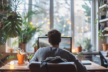 Wall Mural - a seated man working on computer and laptop