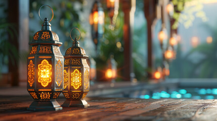 Wall Mural - A 3D rendering of decorative Ramadan lanterns, creating a festive and glowing atmosphere. It can be used for Ramadan holidays and Islamic celebrations.