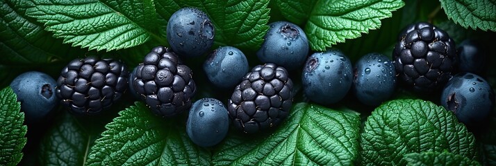 Wall Mural - A close-up photo of blackberry berries with leaves, berries with dew drops, blackberry background