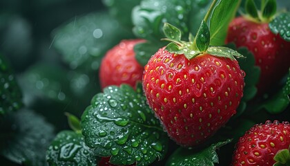 Wall Mural - A close-up photo of strawberry berries with leaves, berries with dew drops, strawberry background