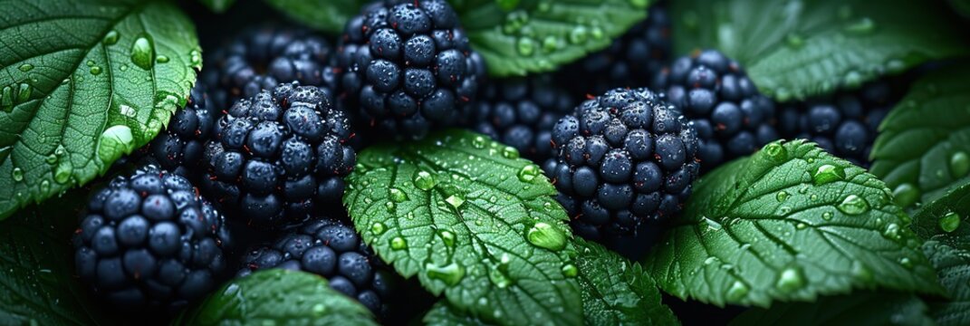 A close-up photo of blackberry berries with leaves, berries with dew drops, blackberry background