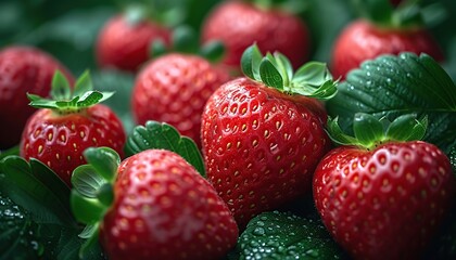 Wall Mural - A close-up photo of strawberry berries with leaves, berries with dew drops, strawberry background