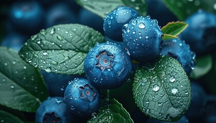 Wall Mural - A close-up photo of blueberry berries with leaves, berries with dew drops, blueberry background