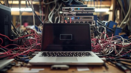Poster - A laptop sits on a cluttered desk with a tangle of various cables and cords, including a few server devices in the background.
