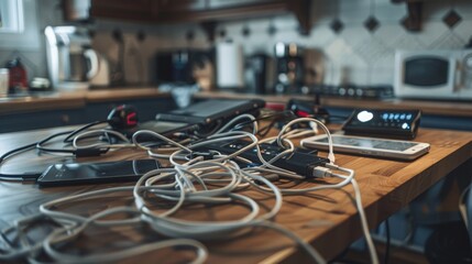 Poster - A messy countertop with tangled wires, cords, and electronic devices. There are various chargers, cables, and devices plugged in, creating a chaotic scene.