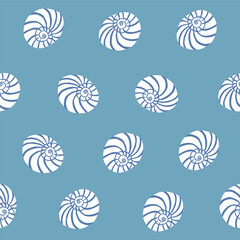 Simple round sea shells seamless pattern on blue background. Beach, travel, vacation, summer holiday on a coast repeat pattern for fashion, paper design.