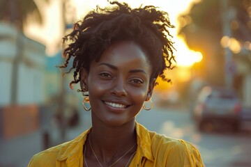 Wall Mural - Young Woman With Curly Hair Smiling in Front of a Wall