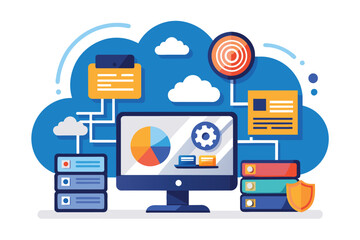 Poster - Illustration depicting a secure cloud computing and data management system with network connections, servers, and a desktop computer displaying a pie chart and a gear icon.