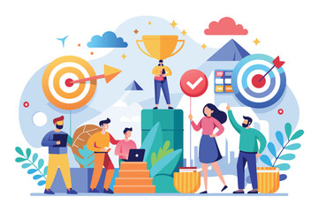 Poster - A team of diverse individuals celebrates their success with a trophy. Their surroundings are filled with colorful imagery, such as targets, arrows, clouds, and checkmarks