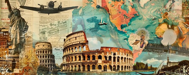 Vintage travel poster collage with overlapping images and text, 4K hyperrealistic photo