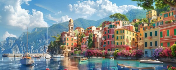 Wall Mural - Scenic view of a coastal town with colorful houses, boats in the harbor, 4K hyperrealistic photo.