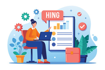 Poster - A woman sits at a laptop, analyzing data and graphs displayed on a whiteboard. The word Hing appears in a speech bubble next to her, indicating she is using the Hing platform for her analysis.