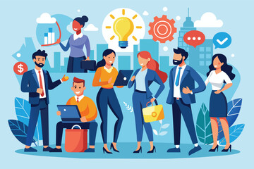 Poster - A diverse group of business professionals are collaborating and brainstorming in a modern city setting, with a lightbulb symbolizing inspiration and a gear representing efficiency.