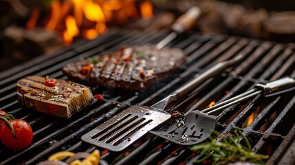 Wall Mural - Close-up of steak and vegetables grilling over open flames, with spatulas in the foreground, perfect for BBQ enthusiasts.