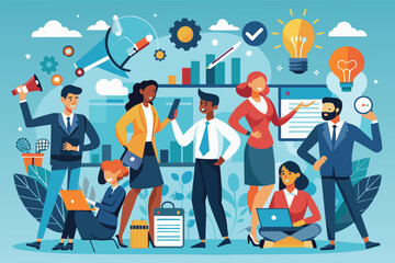 Poster - A diverse team of professionals working together in a modern office setting, brainstorming ideas and collaborating on projects.