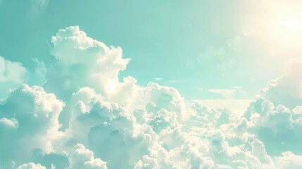 Wall Mural - White fluffy clouds against a pastel blue sky adorned with gentle sunlight A serene natural scene of soft clouds in the sky