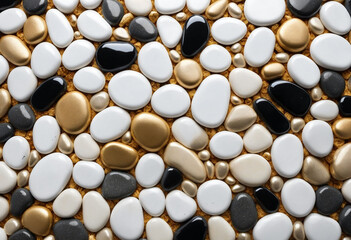 Wall Mural - Glossy white, gold and black pebble stone wall