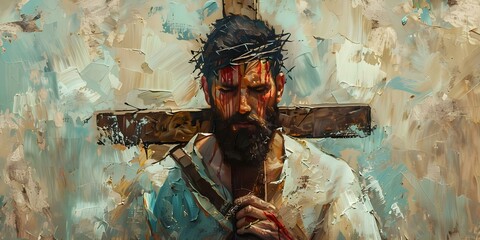 Wall Mural - Christian banner featuring Jesus carrying the cross in an oil painting style with muted colors. Concept Religious Art, Christian Symbolism, Oil Painting Technique, Muted Color Palette