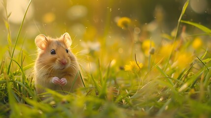 A hamster in a meadow looking for food
