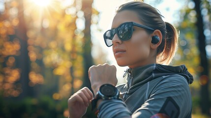 Warms up with a fitness watch trainer before going for a run. Interval training in the afternoon. A woman sporting sportswear and eyewear. A confident person who is motivated to live an active lifesty