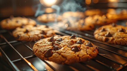 Freshly baked chocolate chip cookies cooling on wire rack in warm light, close-up. Homemade dessert and snack concept