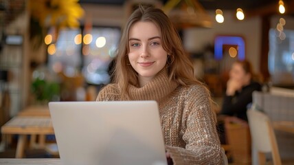 Wall Mural - Young Woman Smiling and Using Laptop in Cozy Cafe with Warm Lighting and Bokeh